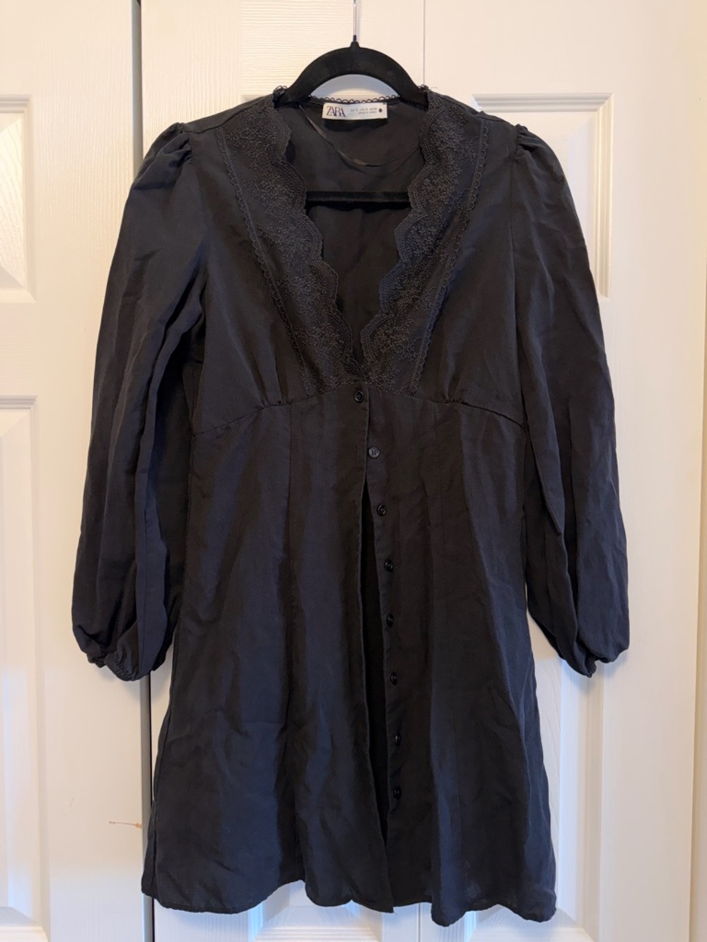 Zara Black Lace-Trim Button-Front Tunic Dress, Size S